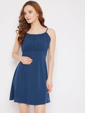 Berrylush Women Solid Blue Round Neck Ruched Fit & Flare Mini Dress