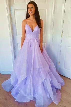 Shiny Tulle V Neck Backless Purple Long Prom Dress, Backless Lavender Formal Graduation Evening Dress A1472