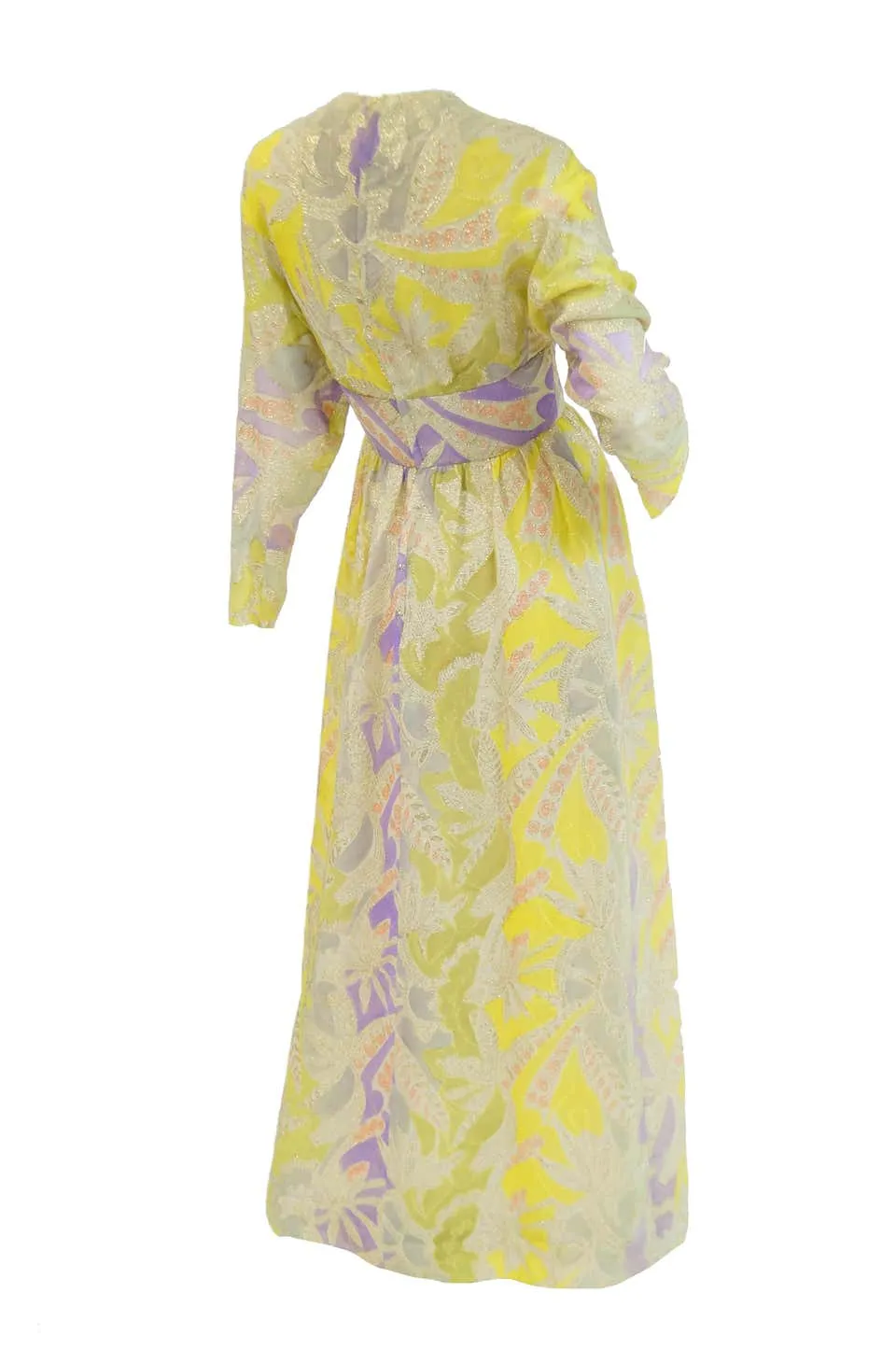 1960s Mollie Parnis Purple & Yellow Floral Evening Dress with Gold Lame Detail