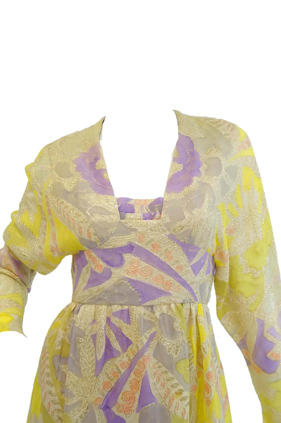 1960s Mollie Parnis Purple & Yellow Floral Evening Dress with Gold Lame Detail