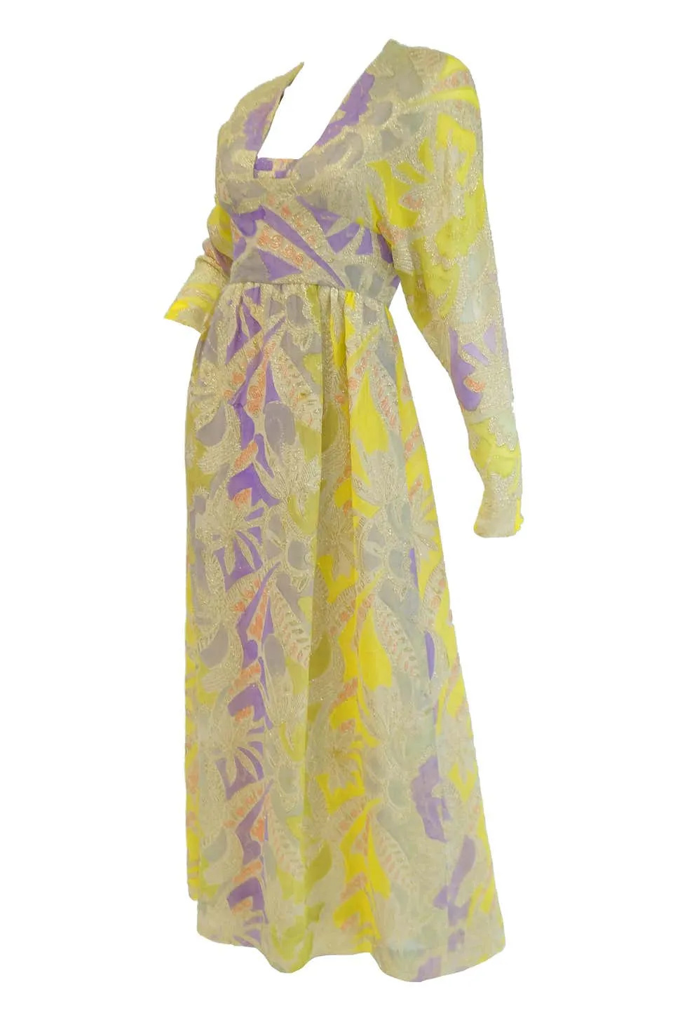 1960s Mollie Parnis Purple & Yellow Floral Evening Dress with Gold Lame Detail