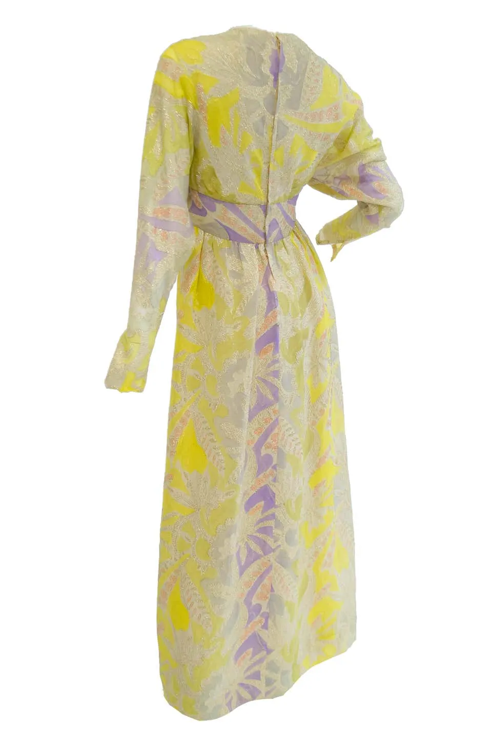 1960s Mollie Parnis Purple & Yellow Floral Evening Dress with Gold Lame Detail