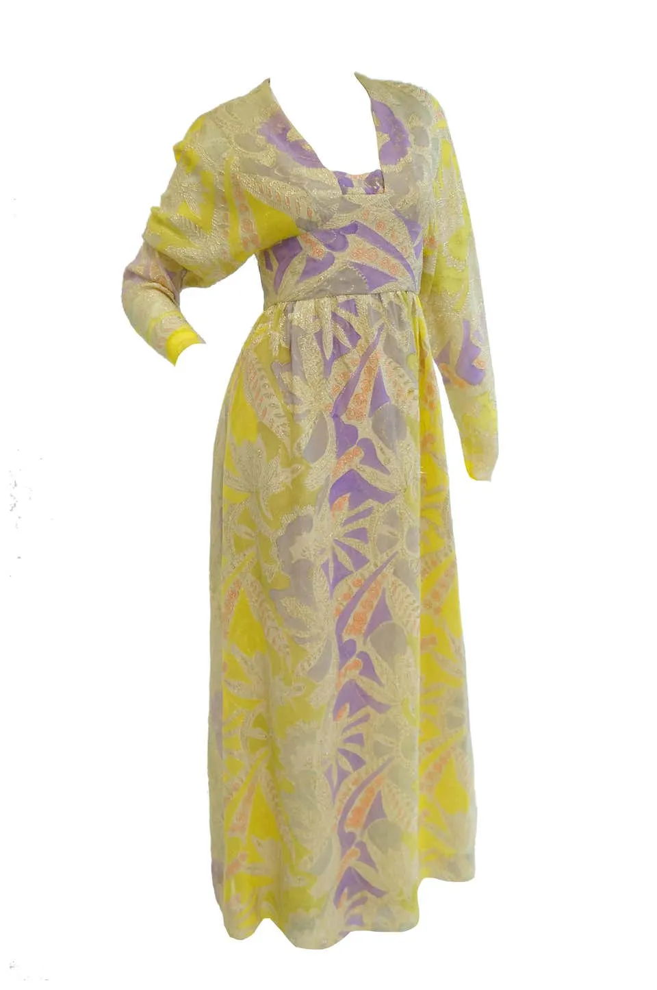 1960s Mollie Parnis Purple & Yellow Floral Evening Dress with Gold Lame Detail