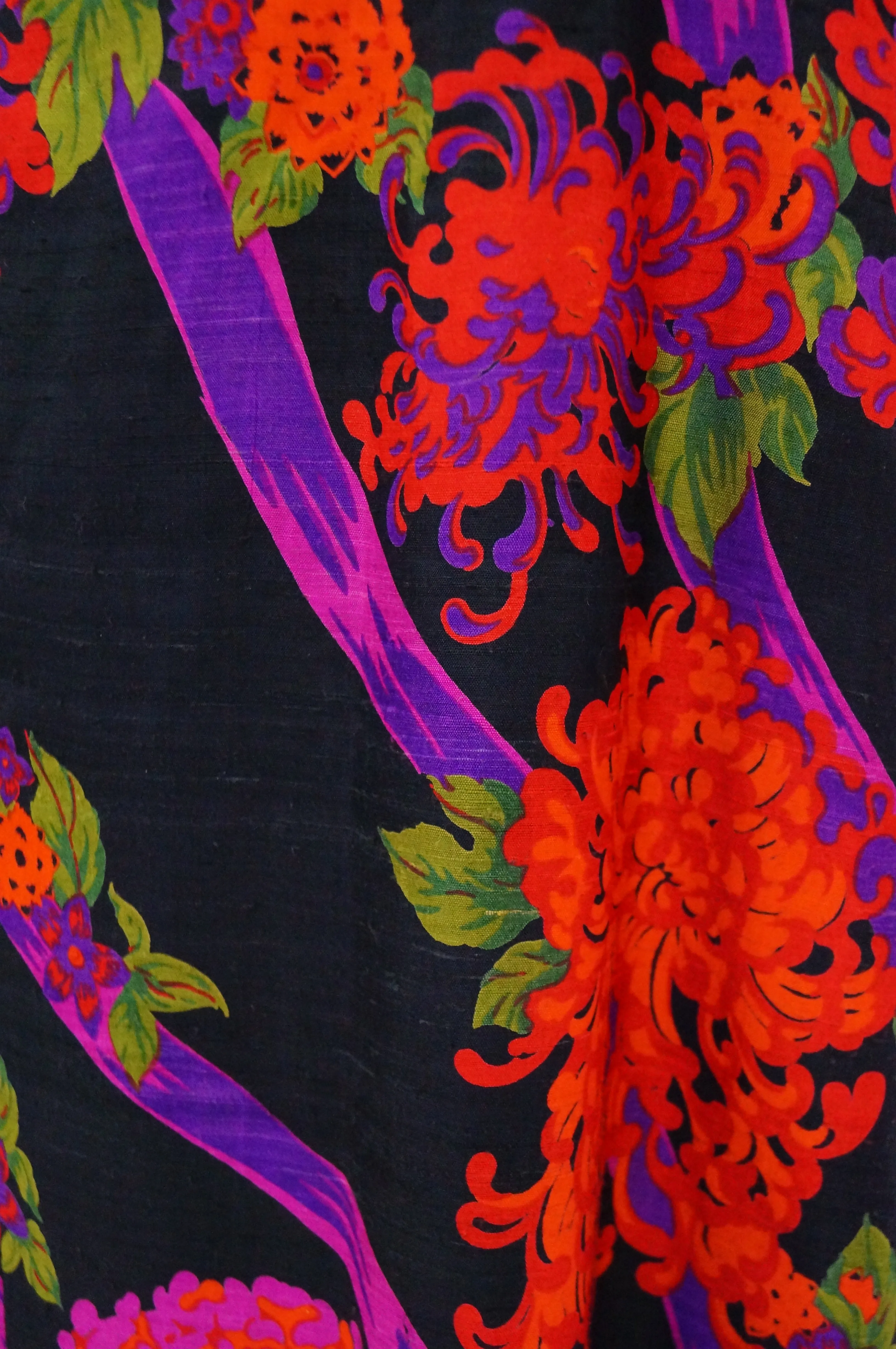 1960s Thai Silk Black, Purple, and Red Chrysanthemum Floral Maxi Dress