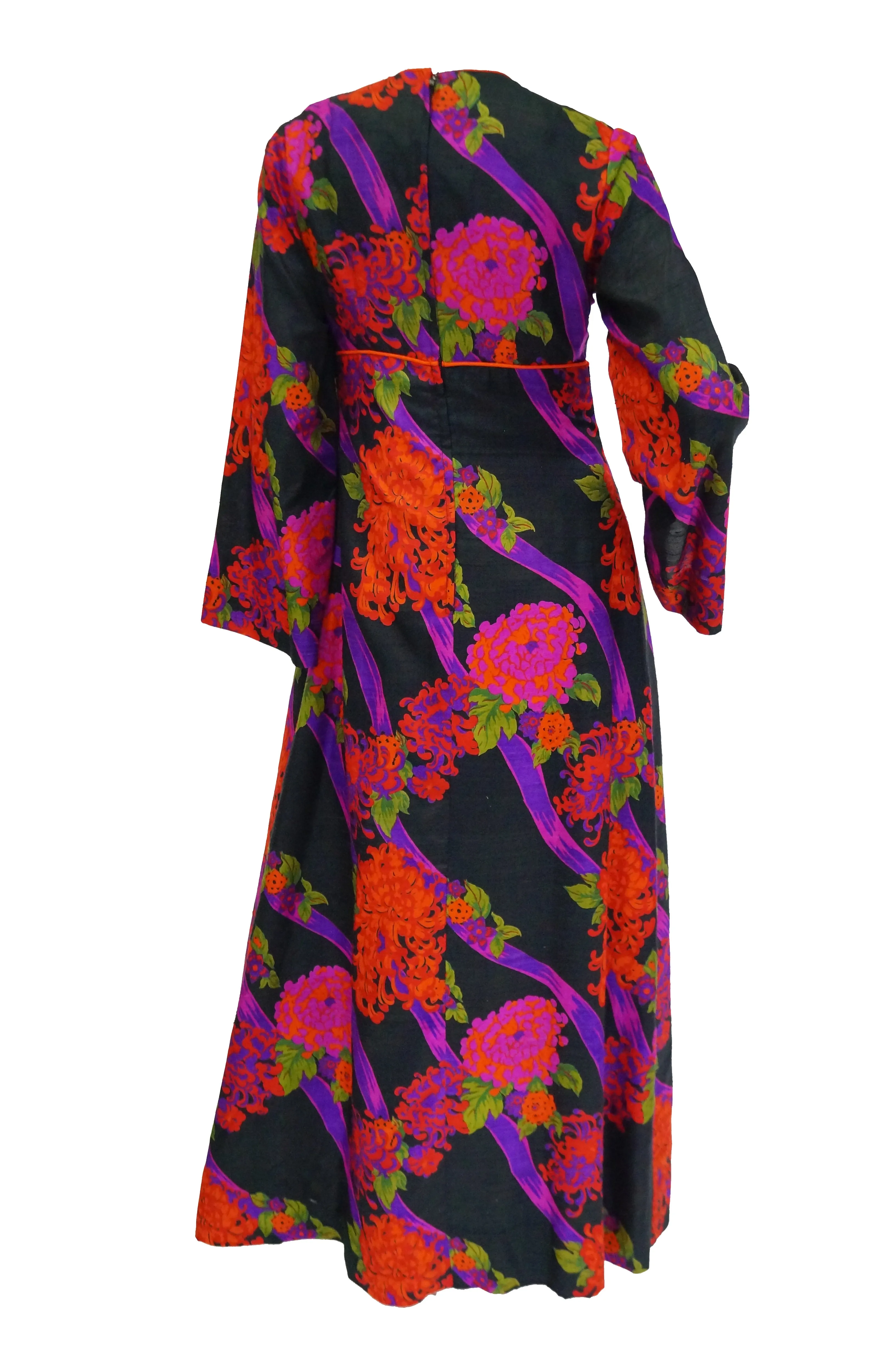 1960s Thai Silk Black, Purple, and Red Chrysanthemum Floral Maxi Dress