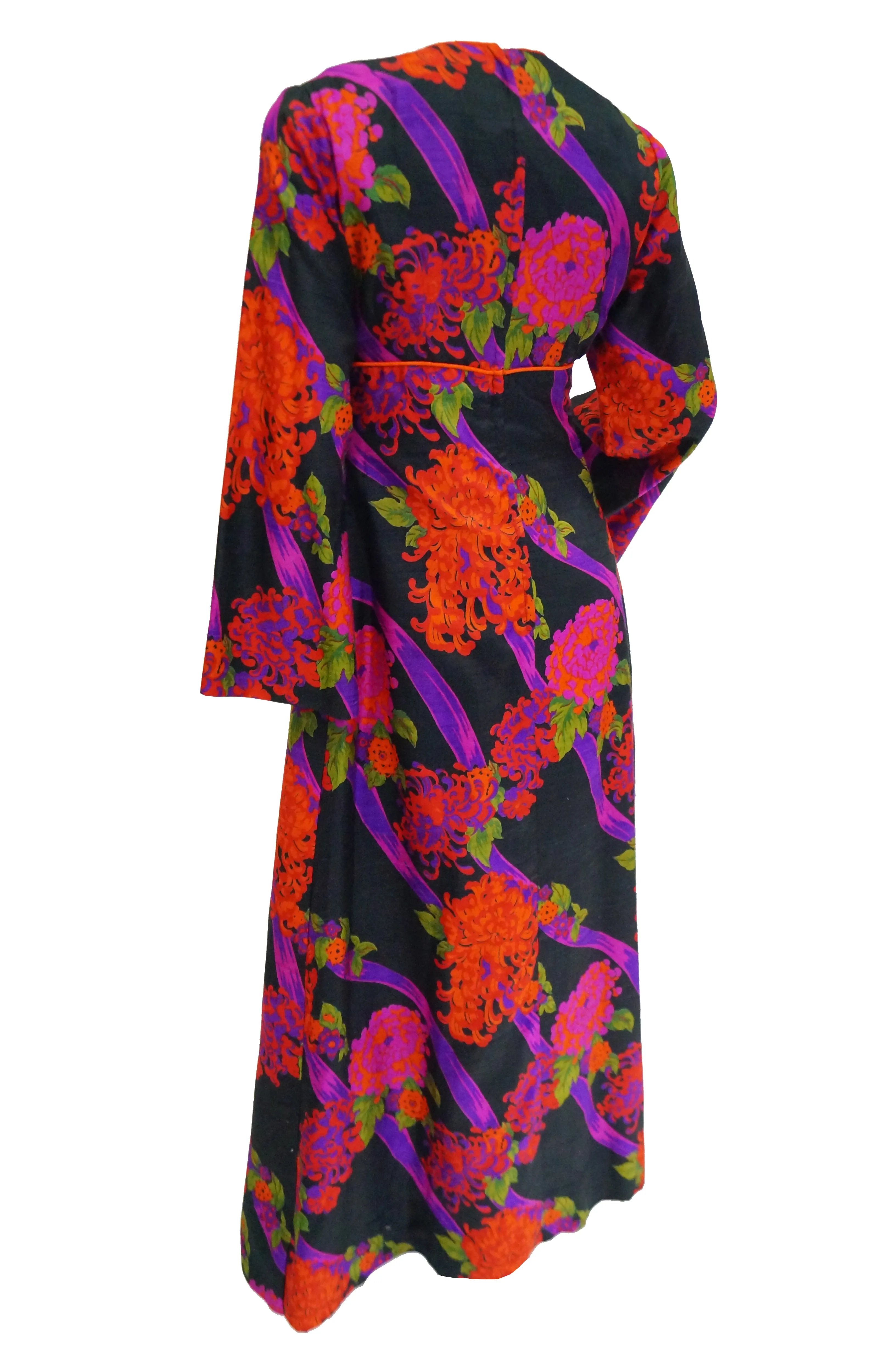 1960s Thai Silk Black, Purple, and Red Chrysanthemum Floral Maxi Dress