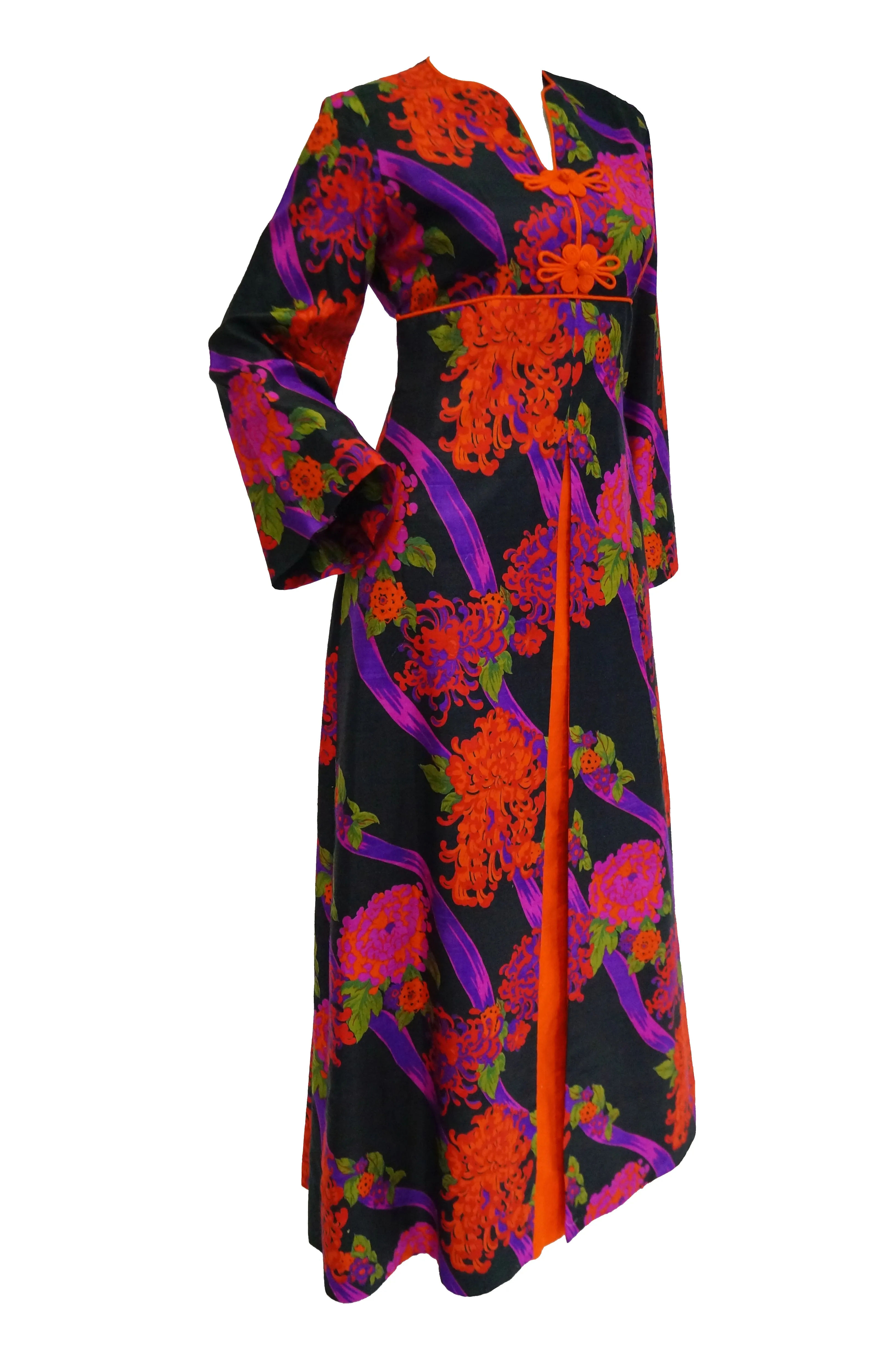 1960s Thai Silk Black, Purple, and Red Chrysanthemum Floral Maxi Dress