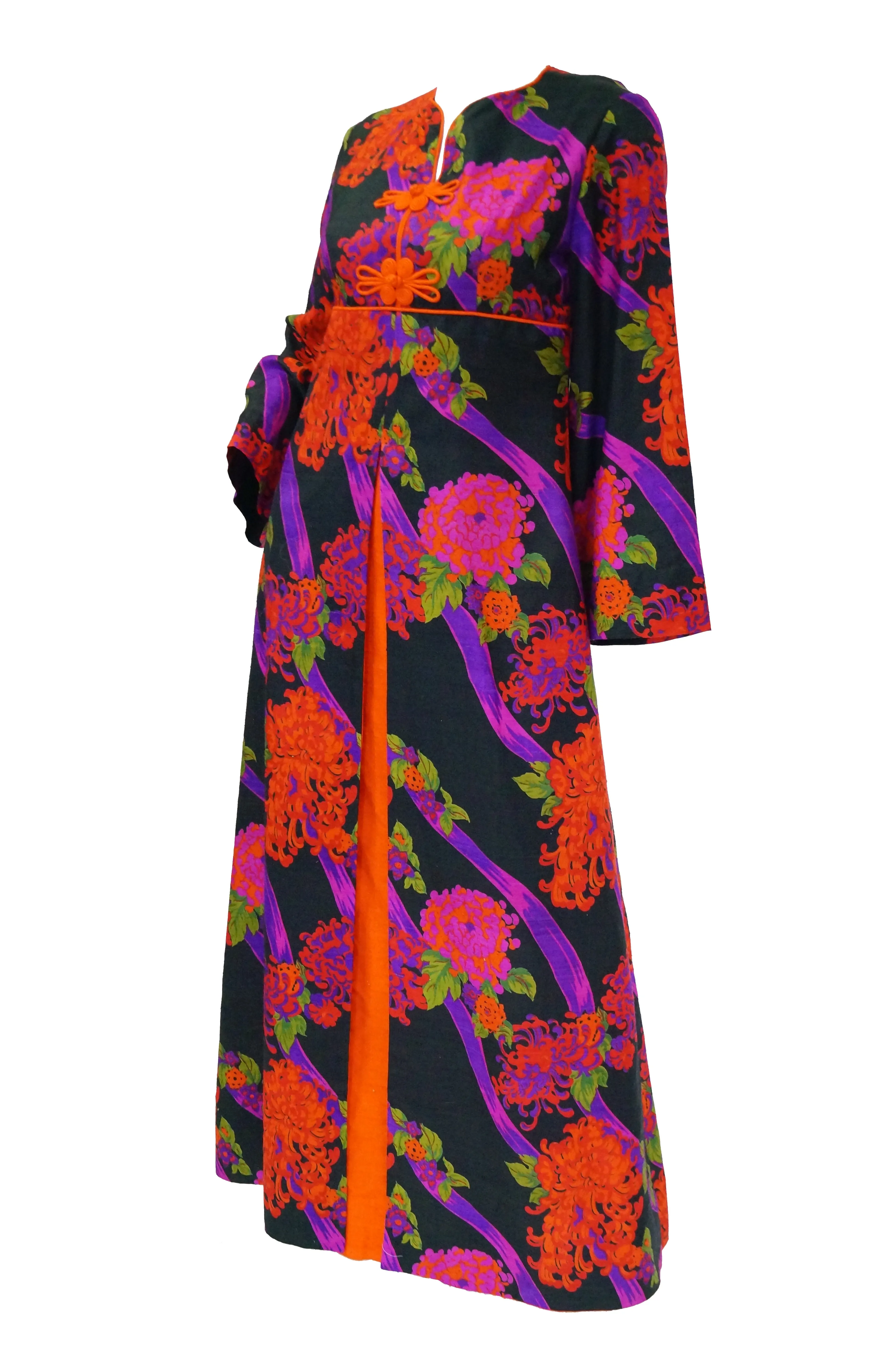 1960s Thai Silk Black, Purple, and Red Chrysanthemum Floral Maxi Dress