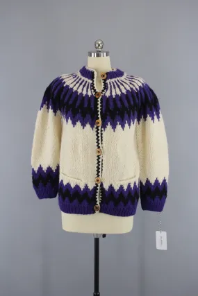 1970s Vintage Greek Ivory & Purple Wool Cardigan Sweater