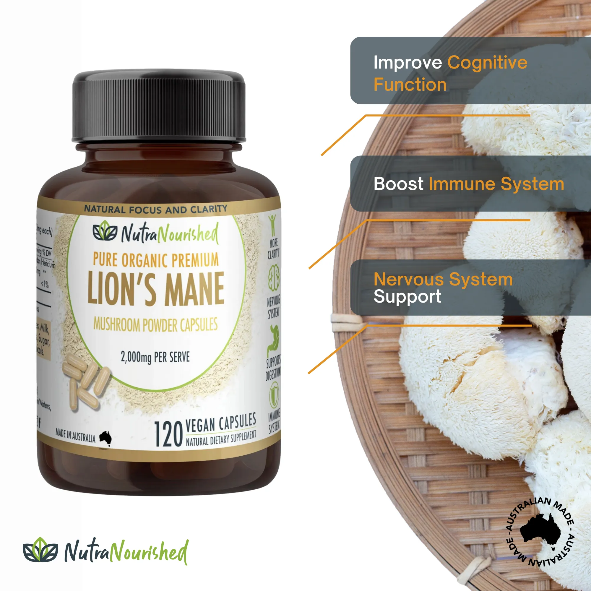 2,000mg Lion's Mane, Cognitive & Immune Support, 120 Vegan Capsules