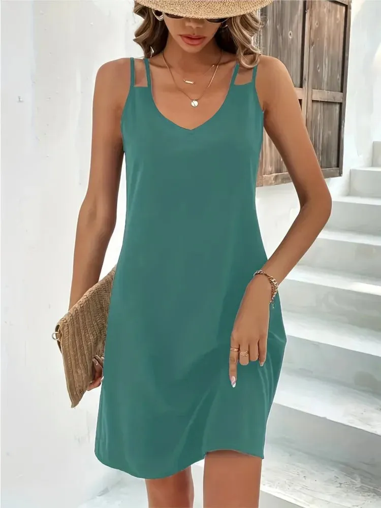 2024 New Summer Fashion Women V-neck Sleeveless Mini A-Line Sexy Dress Vestidos Double Straps Beach Holiday Dresses