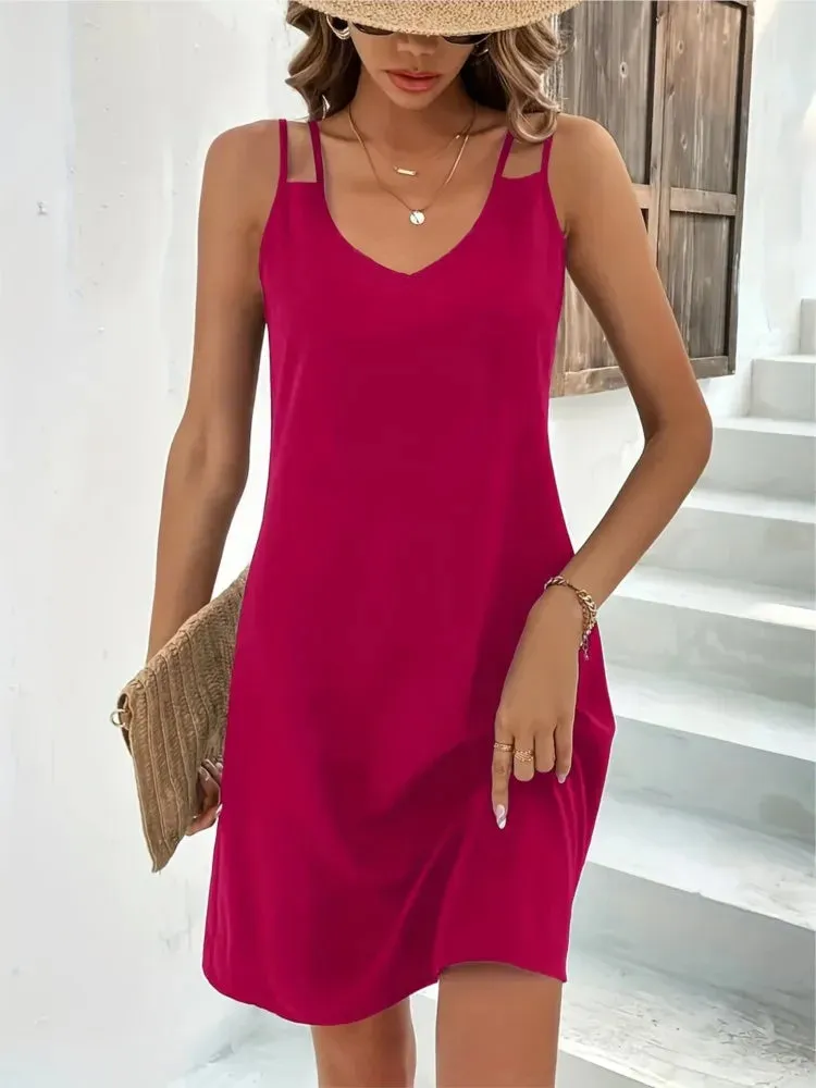 2024 New Summer Fashion Women V-neck Sleeveless Mini A-Line Sexy Dress Vestidos Double Straps Beach Holiday Dresses