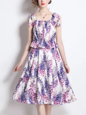 2PCS Strap Floral Printed Vintage Style Midi Length Boho Dress