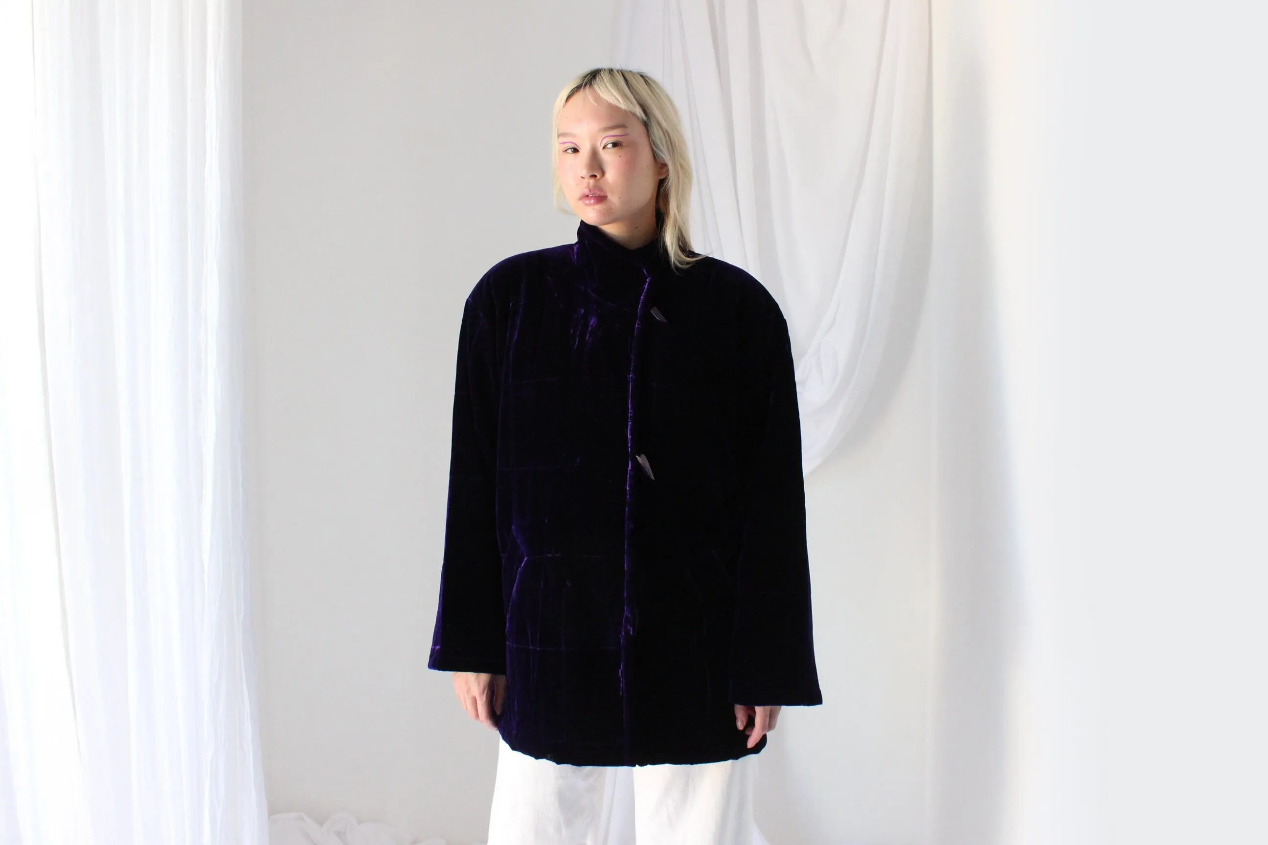 80s PURE SILK VELVET Luxury Quilted Puffer Jacket in Royal Purple