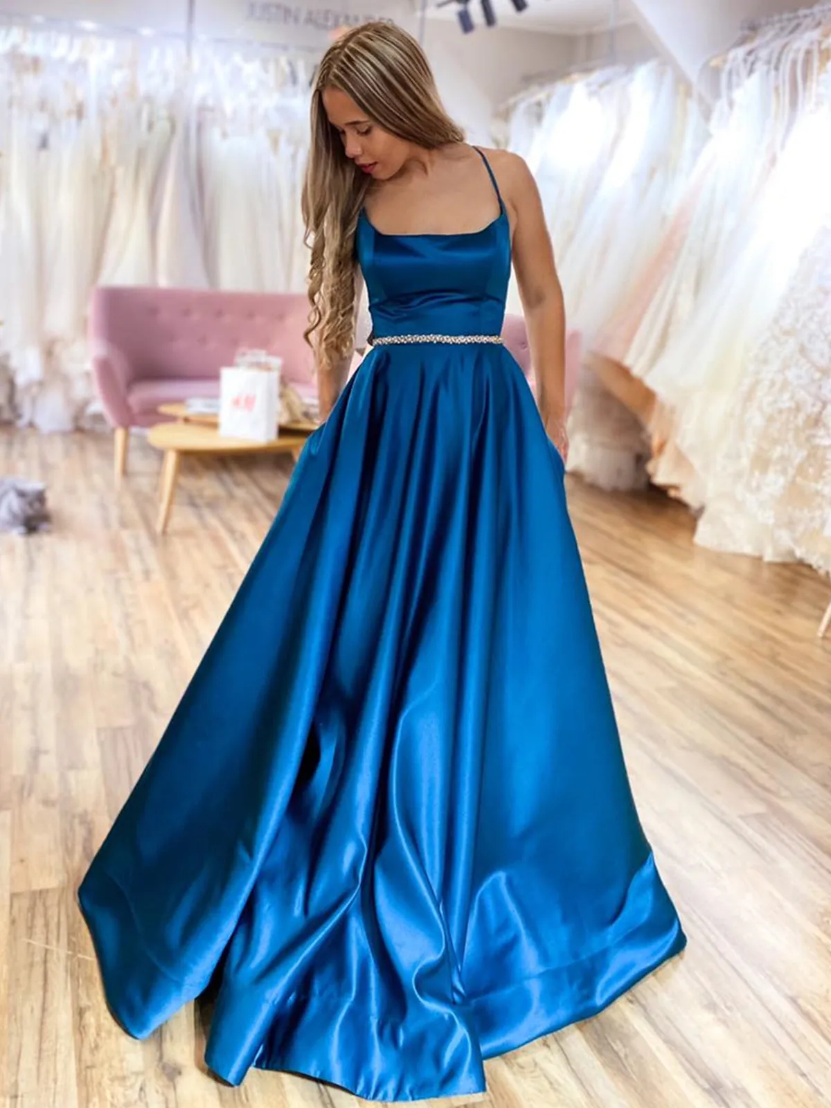 A Line Backless Blue Satin Long Prom Dresses with Belt, Backless Blue Formal Graduation Evening Dresses SP2095