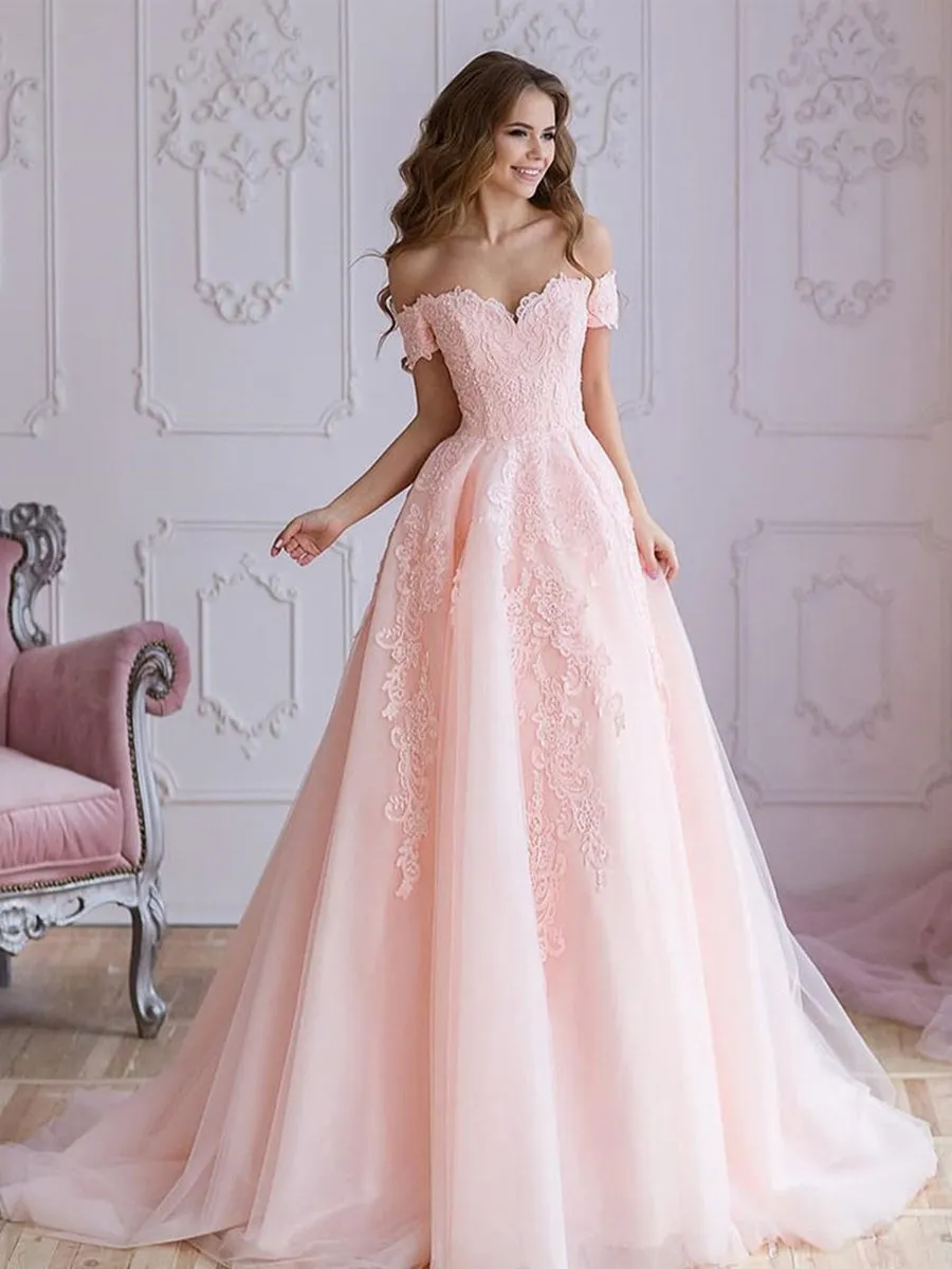 A Line Off Shoulder Pink Lace Prom, Pink Lace Wedding, Pink Evening