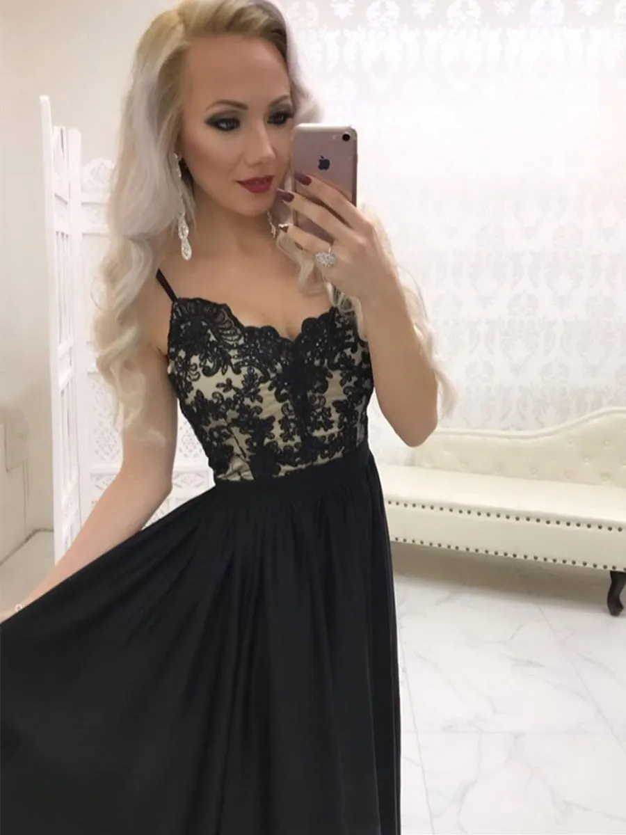 A Line Sweetheart Neck Lace Long Black Prom with Split, Black Lace Formal Graduation Evening, Black Party