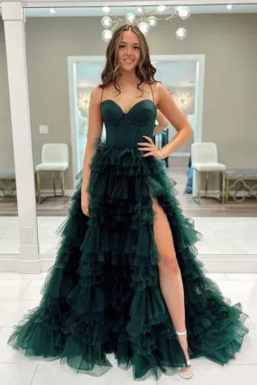 A Line Sweetheart Neck Open Back Dark Green Tulle Long Prom Dress with High Slit, Fluffy Dark Green Formal Graduation Evening Dress A2133