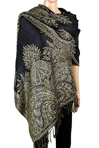 Achillea Soft Silky Reversible Paisley Pashmina Shawl Wrap Scarf w/Fringes (Olive Burgundy)