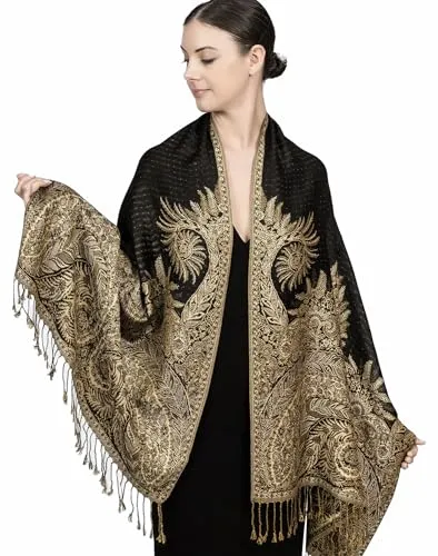 Achillea Soft Silky Reversible Paisley Pashmina Shawl Wrap Scarf w/Fringes (Olive Burgundy)