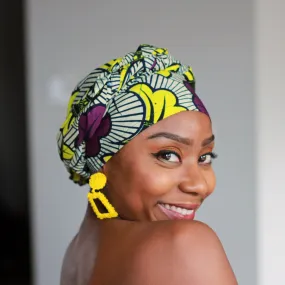 African headwrap - Purple / Yellow wedding flowers (Vlisco)