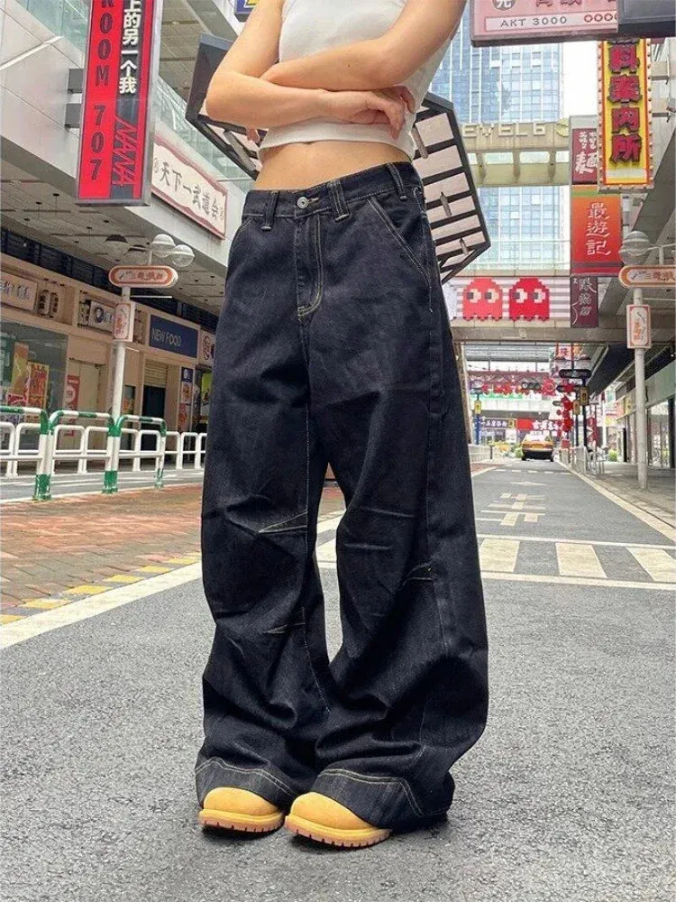 Aiertu Grunge Black Jeans Women Y2k Vintage Oversized High Street Wide Cargo Denim Trousers Casual Baggy Straight Denim Pants