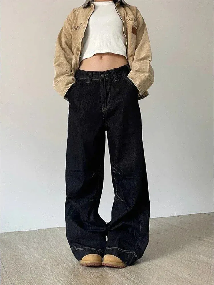 Aiertu Grunge Black Jeans Women Y2k Vintage Oversized High Street Wide Cargo Denim Trousers Casual Baggy Straight Denim Pants