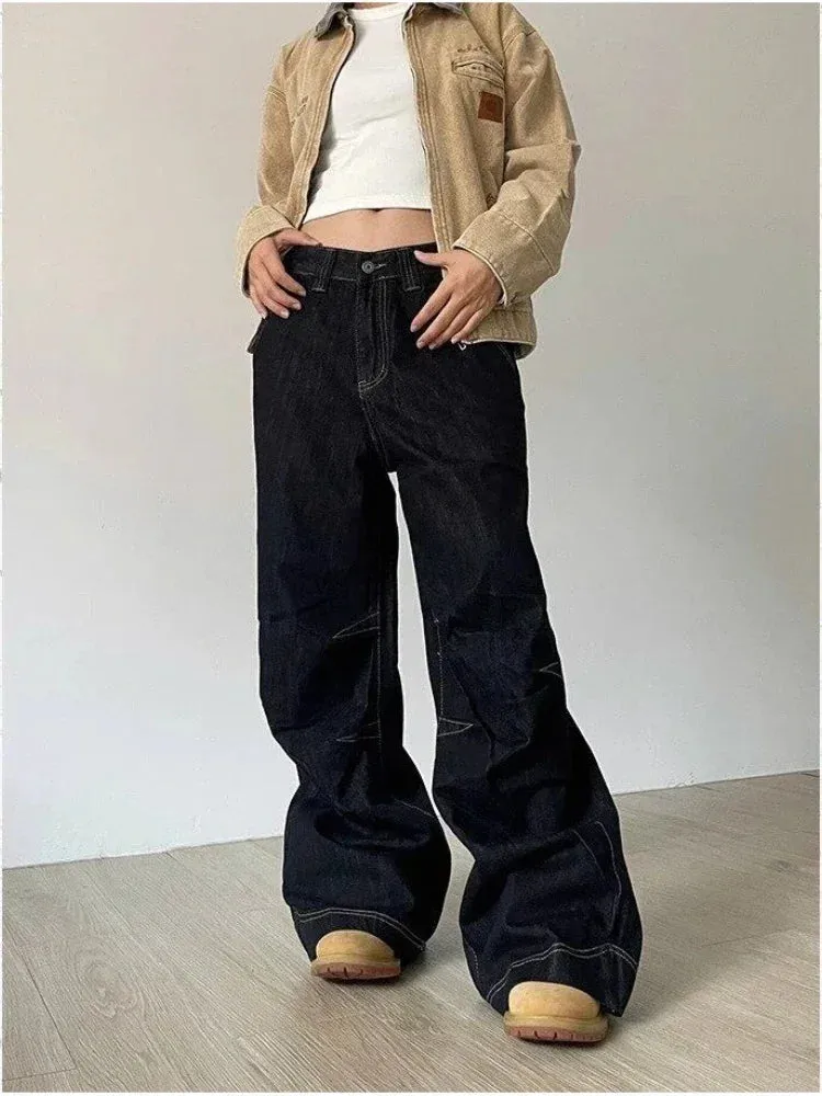 Aiertu Grunge Black Jeans Women Y2k Vintage Oversized High Street Wide Cargo Denim Trousers Casual Baggy Straight Denim Pants