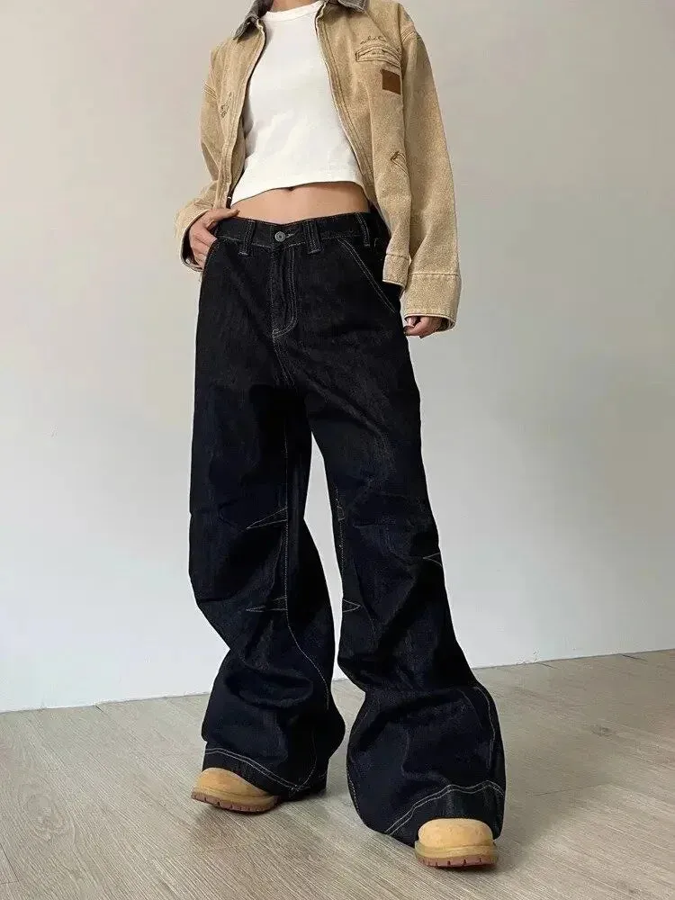 Aiertu Grunge Black Jeans Women Y2k Vintage Oversized High Street Wide Cargo Denim Trousers Casual Baggy Straight Denim Pants