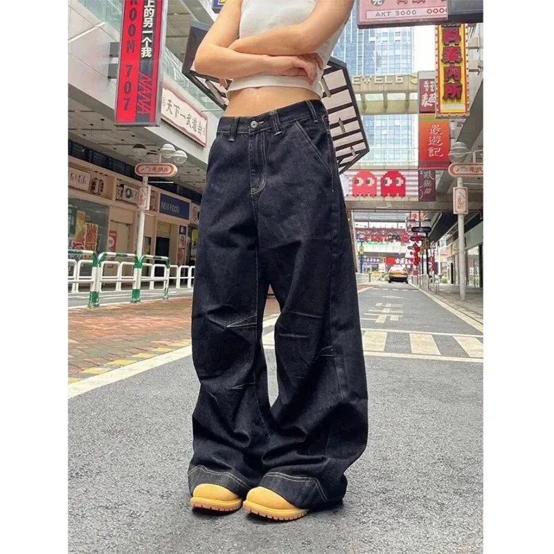 Aiertu Grunge Black Jeans Women Y2k Vintage Oversized High Street Wide Cargo Denim Trousers Casual Baggy Straight Denim Pants