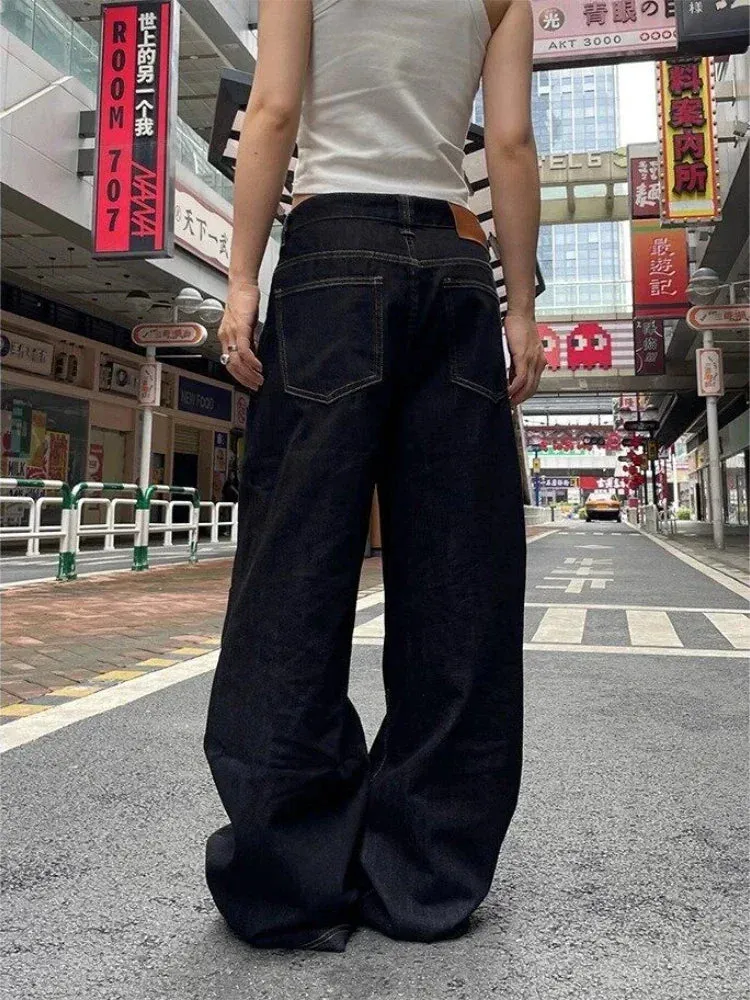 Aiertu Grunge Black Jeans Women Y2k Vintage Oversized High Street Wide Cargo Denim Trousers Casual Baggy Straight Denim Pants