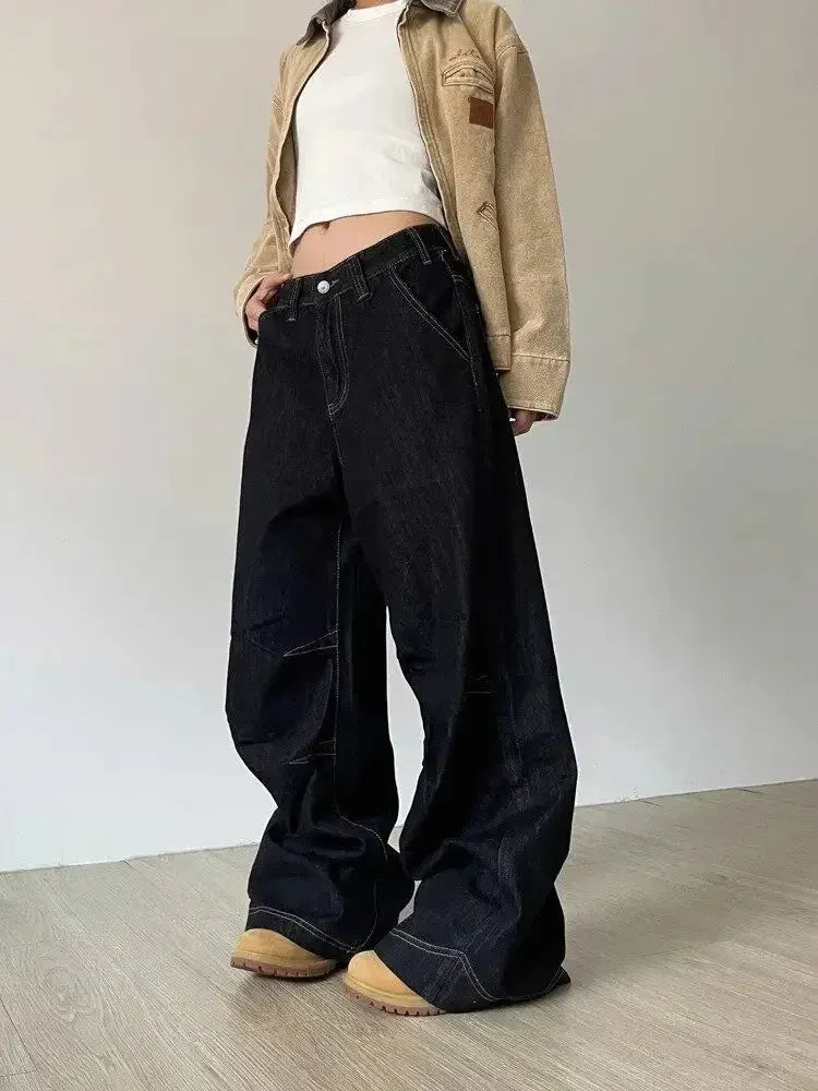 Aiertu Grunge Black Jeans Women Y2k Vintage Oversized High Street Wide Cargo Denim Trousers Casual Baggy Straight Denim Pants