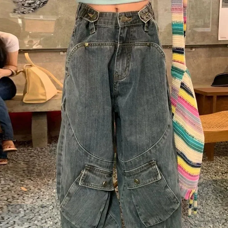 Aiertu Harajuku Vintage Cargo Jeans Women Oversize Y2K Grunge Black Baggy Denim Pants Hip Hop Streetwear Wide Leg Trousers