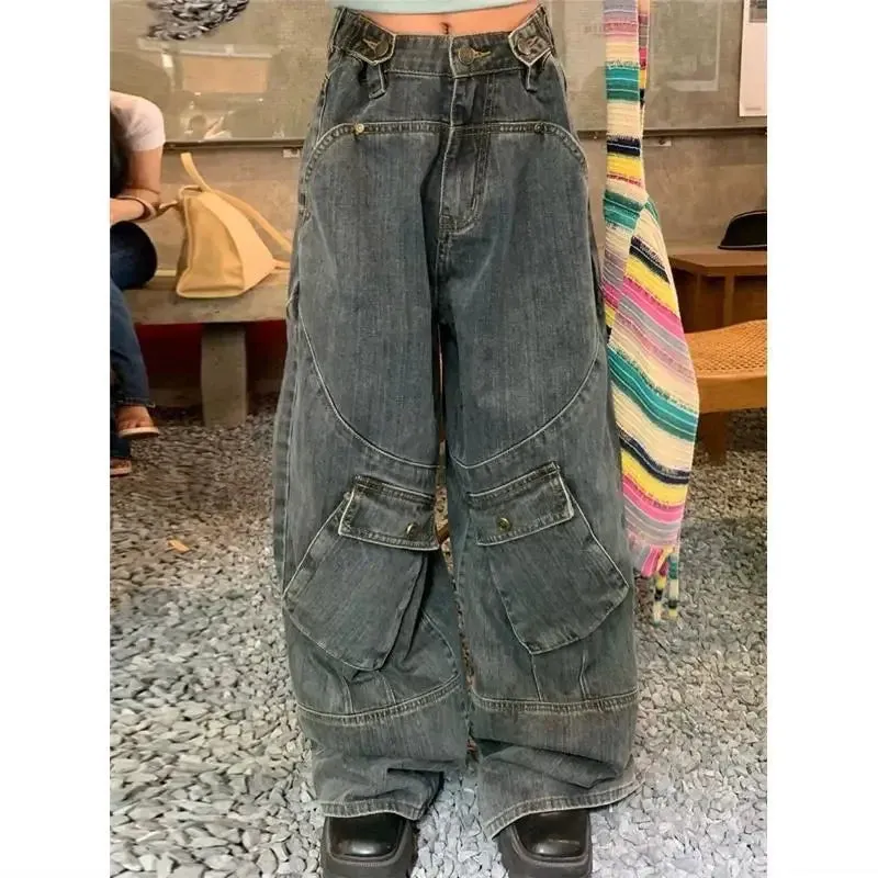 Aiertu Harajuku Vintage Cargo Jeans Women Oversize Y2K Grunge Black Baggy Denim Pants Hip Hop Streetwear Wide Leg Trousers