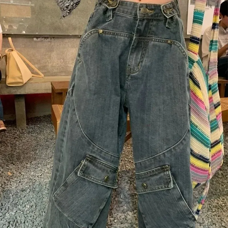 Aiertu Harajuku Vintage Cargo Jeans Women Oversize Y2K Grunge Black Baggy Denim Pants Hip Hop Streetwear Wide Leg Trousers