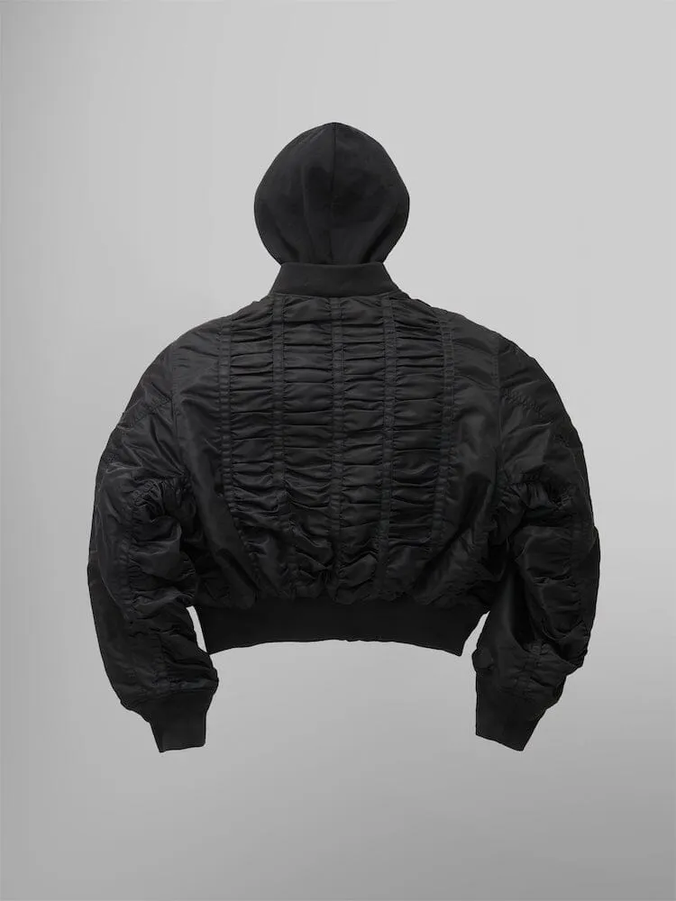 ALPHA X MADEME HOODED RUCHED MA-1 BOMBER JACKET