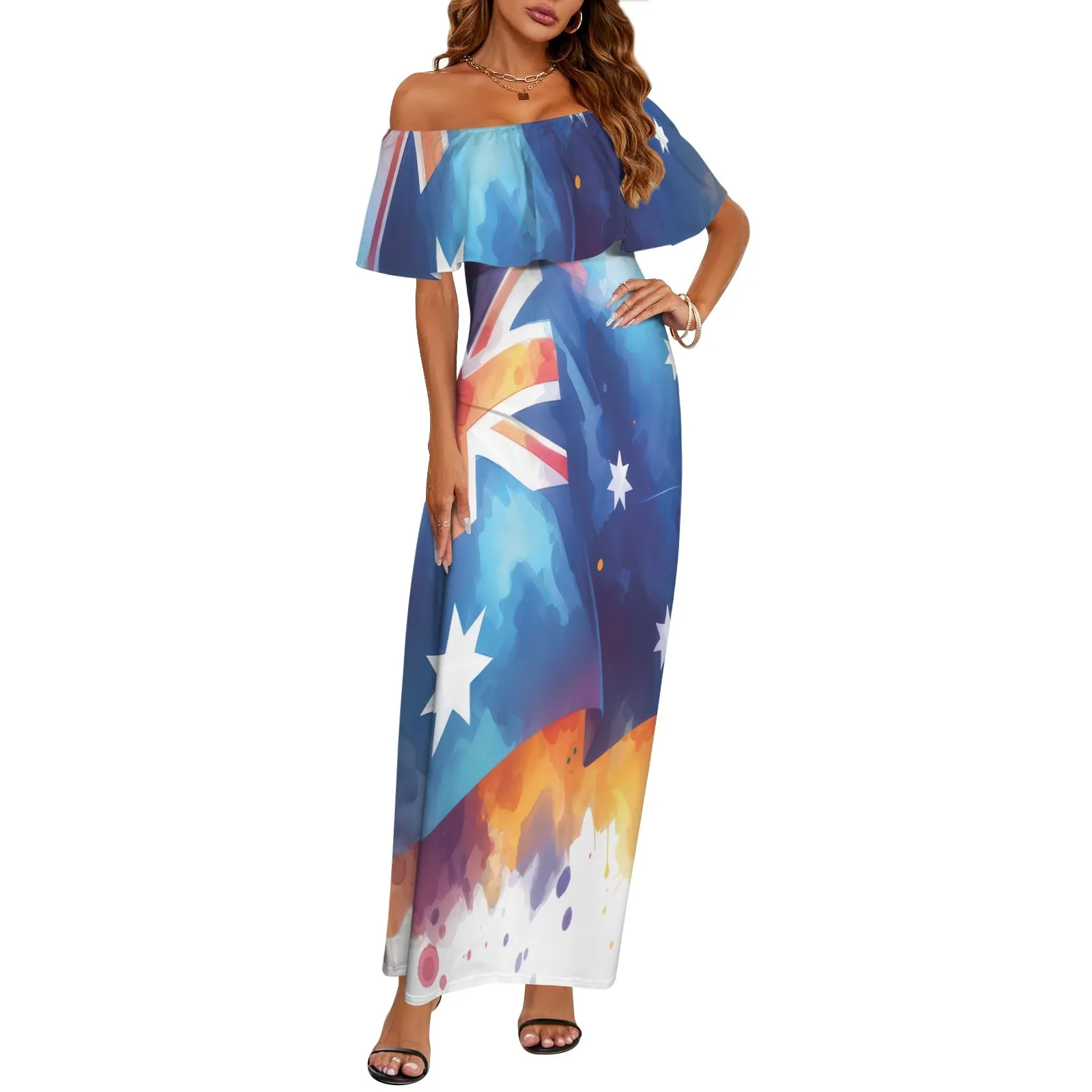 Australian Flag awd1337 Women's Off Shoulder Ruffle Boat Neck Dress (Model D71)