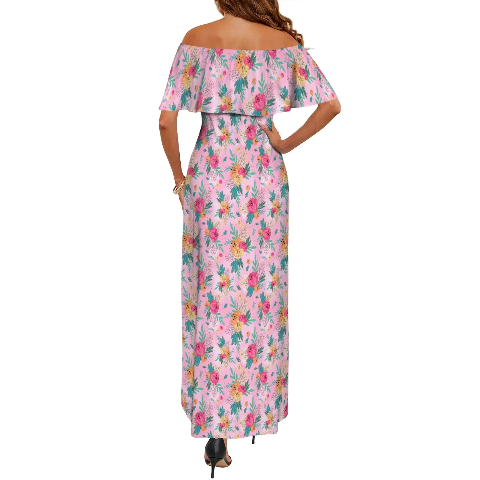 Australian Floral Pink Women's Off Shoulder Ruffle Boat Neck Dress (Model D71)