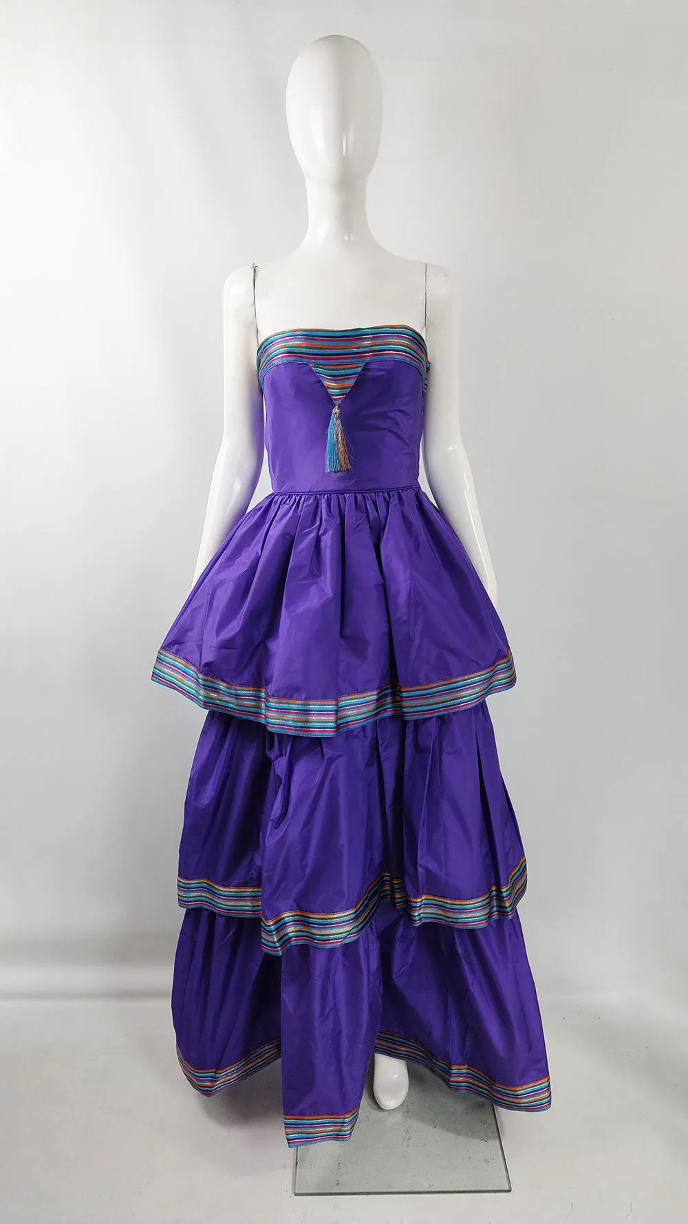 Bellville Sassoon Vintage Purple Silk Taffeta Tiered Evening Dress, 1980s