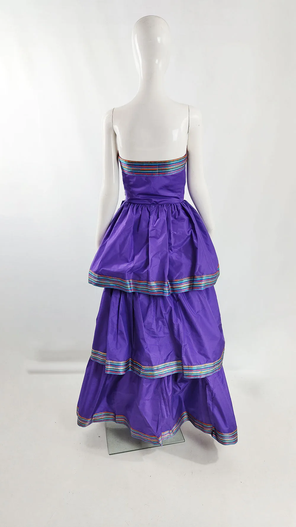 Bellville Sassoon Vintage Purple Silk Taffeta Tiered Evening Dress, 1980s