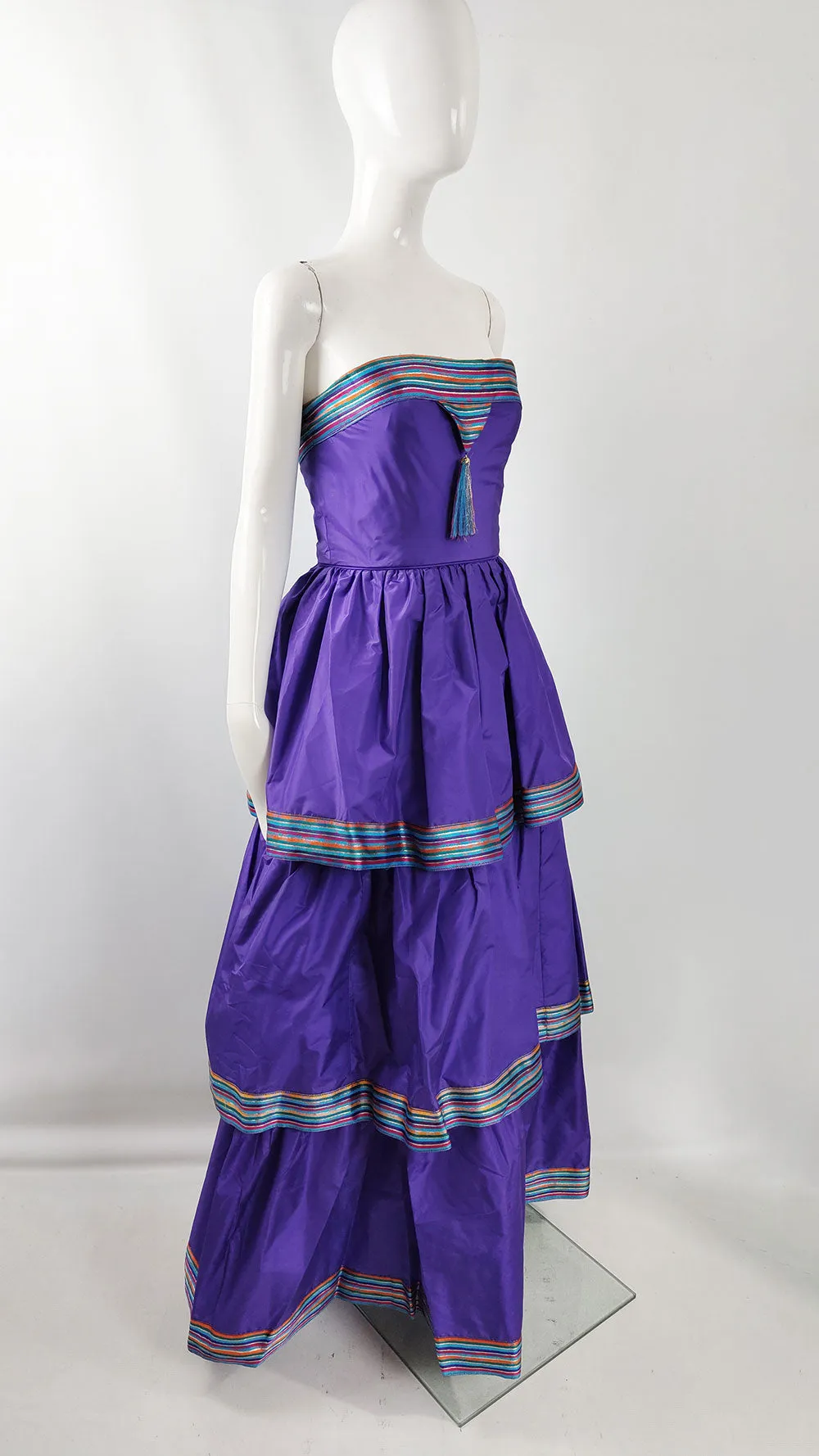 Bellville Sassoon Vintage Purple Silk Taffeta Tiered Evening Dress, 1980s