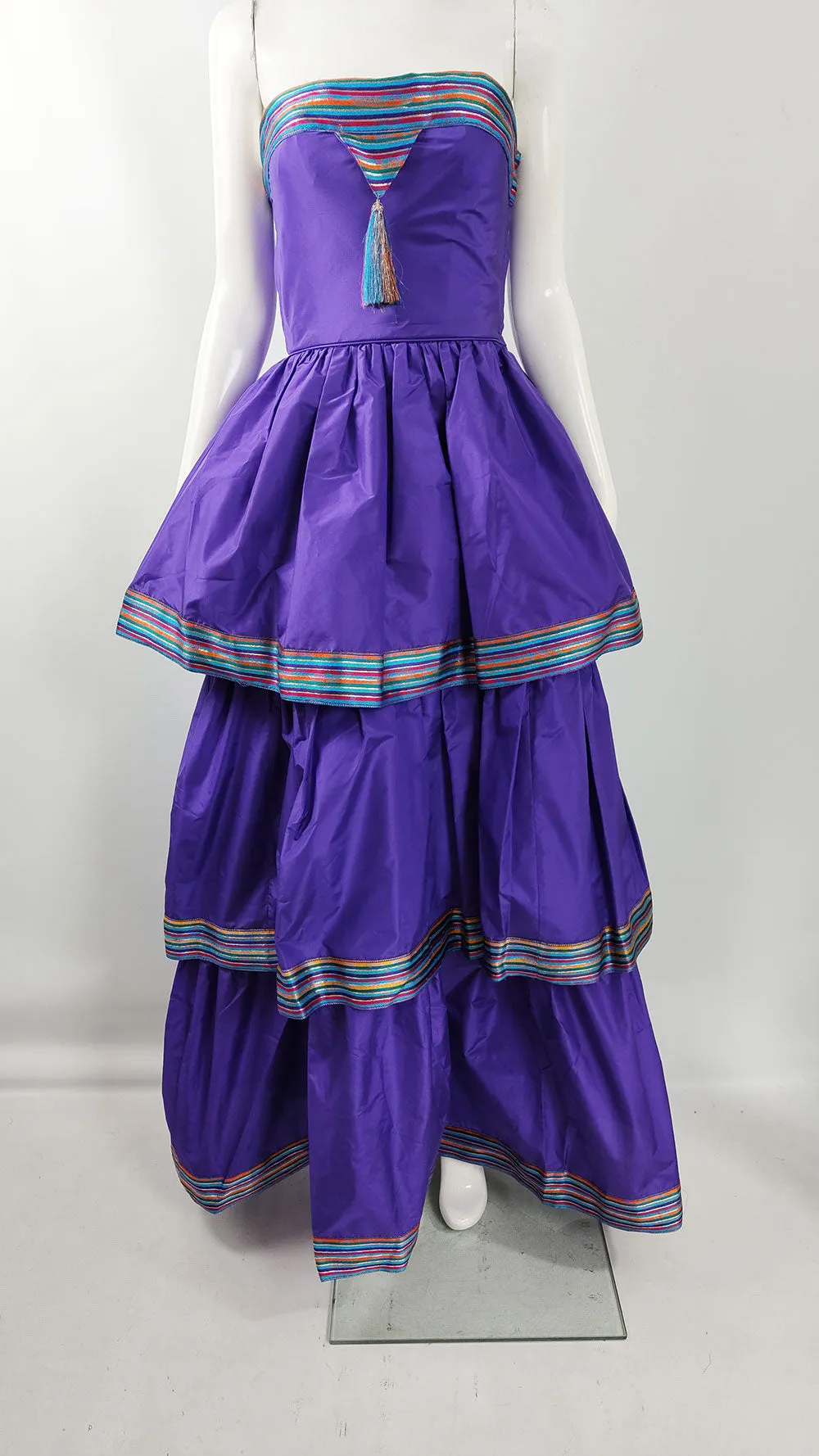 Bellville Sassoon Vintage Purple Silk Taffeta Tiered Evening Dress, 1980s