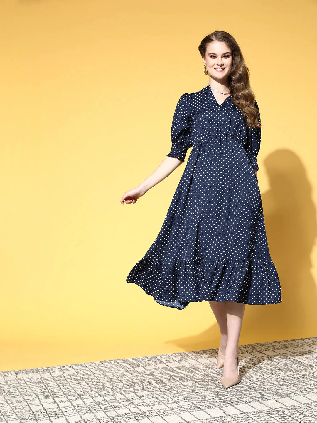 Berrylush Women Navy Blue & White Polka Dot Printed Mandarin Collar Neck Crepe Pleated Fit & Flare Midi Dress