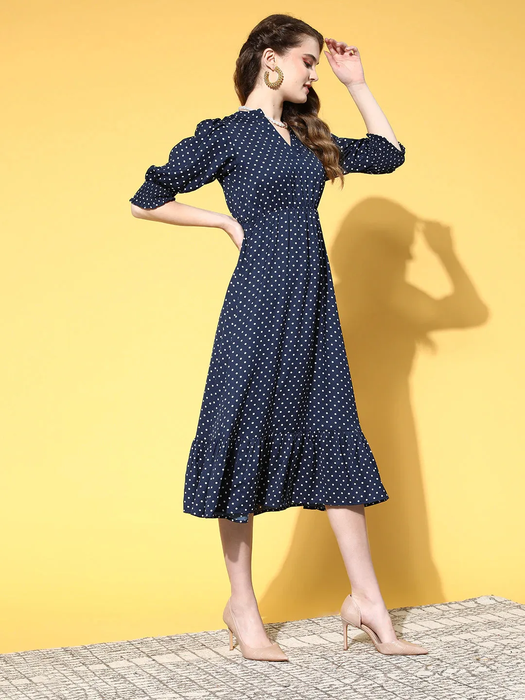 Berrylush Women Navy Blue & White Polka Dot Printed Mandarin Collar Neck Crepe Pleated Fit & Flare Midi Dress