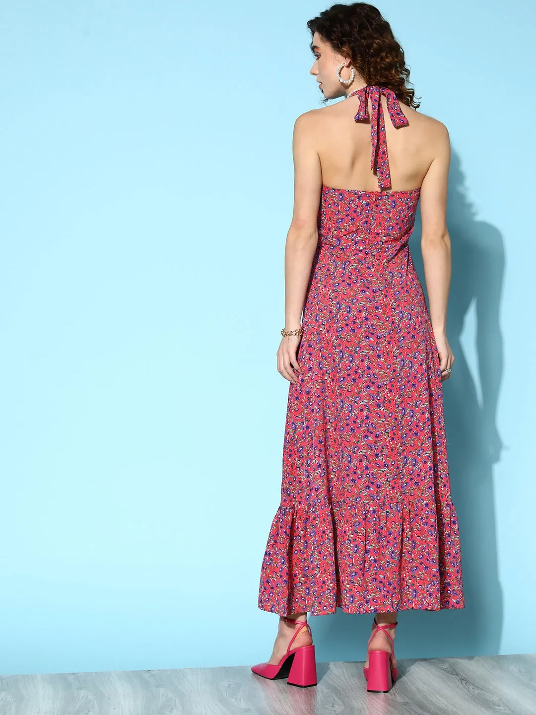 Berrylush Women Pink & Multicoloured Floral Printed Halter Neck Crepe Ruffled A-Line Maxi Dress