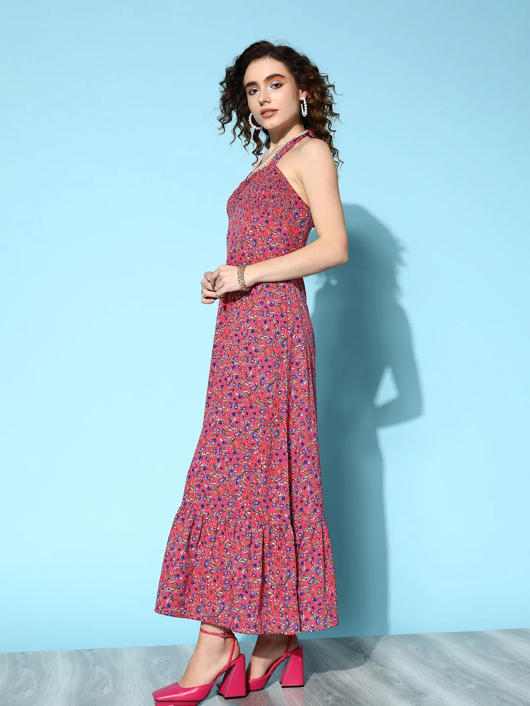 Berrylush Women Pink & Multicoloured Floral Printed Halter Neck Crepe Ruffled A-Line Maxi Dress