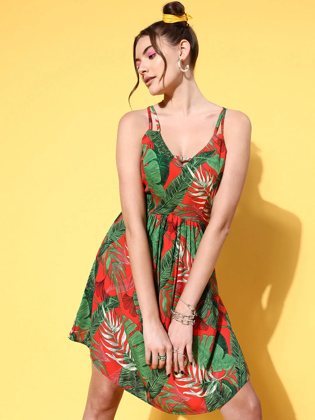 Berrylush Women Red & Green Tropical Printed V-Neck Criss-Cross Back Pleated A-Line Mini Dress