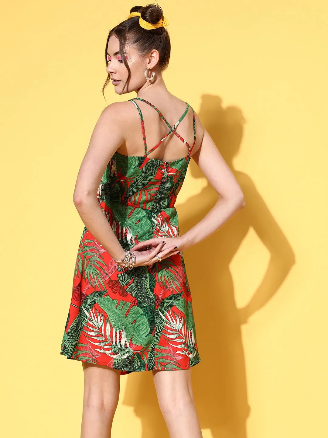 Berrylush Women Red & Green Tropical Printed V-Neck Criss-Cross Back Pleated A-Line Mini Dress