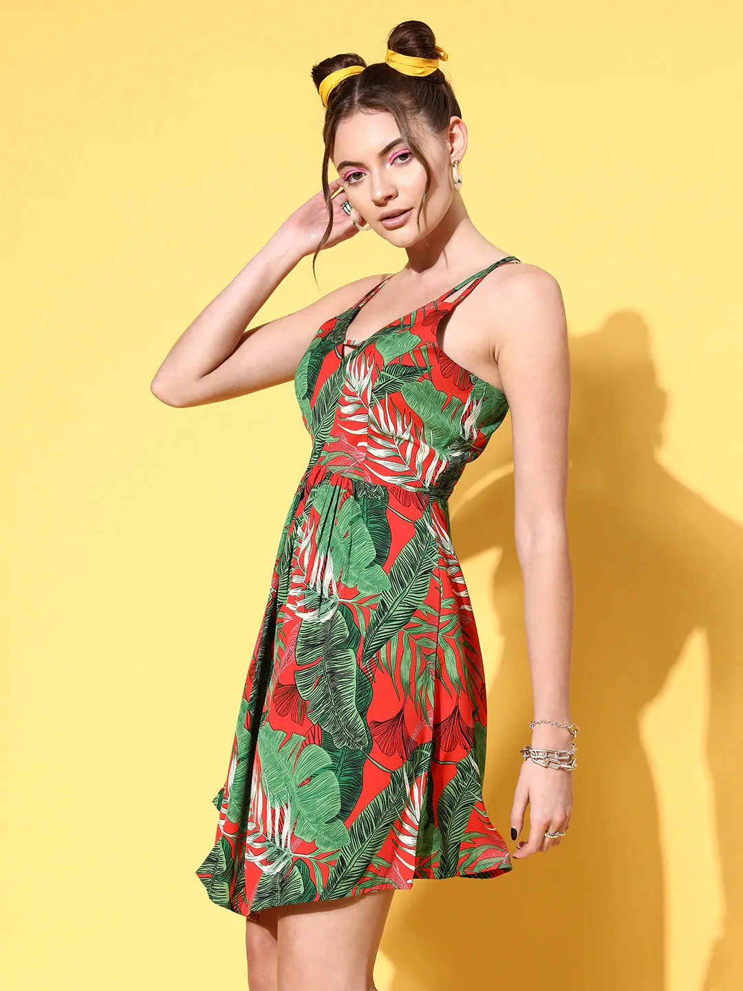 Berrylush Women Red & Green Tropical Printed V-Neck Criss-Cross Back Pleated A-Line Mini Dress