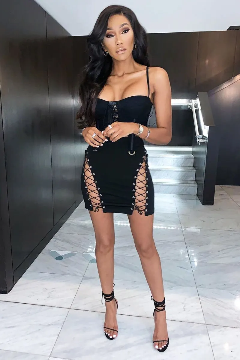 Black Corset Lace Up Mini Skirt - Breanne